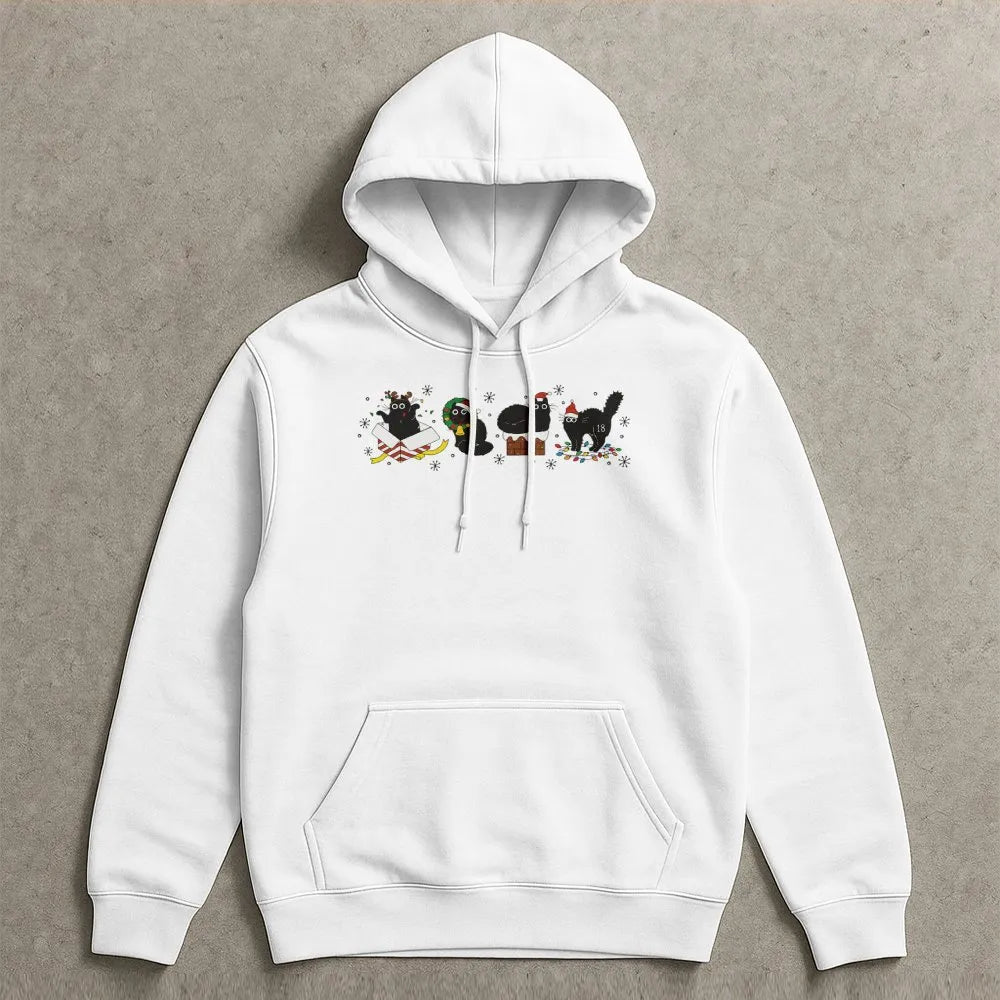 Festive Kitten Graphic Hoodie, Christmas Black Cat Hoodie, Humorous Cat Lover Holiday Hoodie, Adorable Animal Winter Pullover