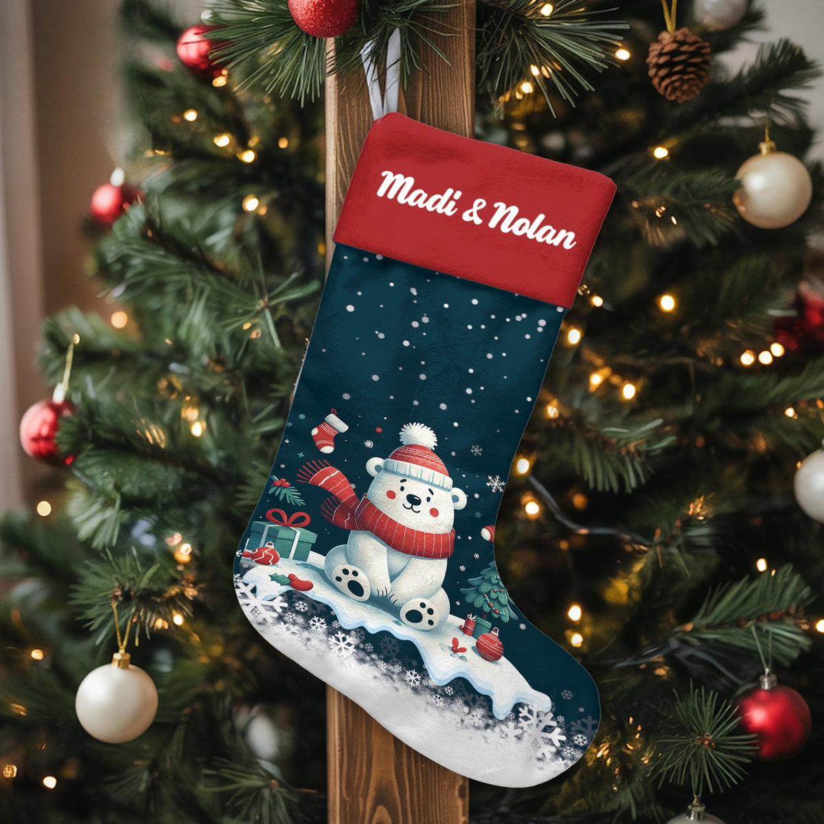 Adorable Winter Holiday Stocking, Polar Bear Christmas Stocking, Comfy Christmas Stocking, Nordic Animal Fireplace Mantel Dec