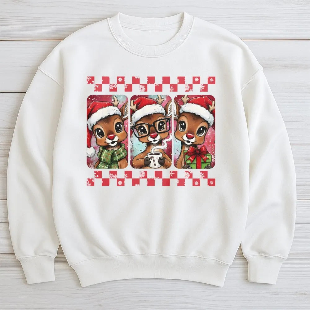 Checkered Holiday Reindeer Sweater, Retro Christmas Reindeer Sweatshirt, Adorable Xmas Crewneck, Festive Reindeer Pullover, T