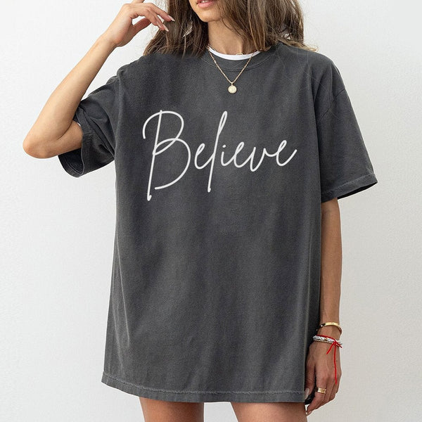 Minimalist Script Holiday Tee, Believe Christmas T-Shirt, Vintage Festive Christmas Tree Shirt, Adorable Winter Family Graphi