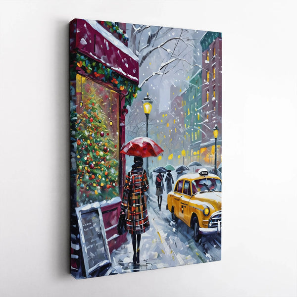Snowy Cityscape Yellow Taxi Red Umbrella Print, NYC Christmas Canvas Wall Art, Winter New York City Canvas Decor, Holiday Wal