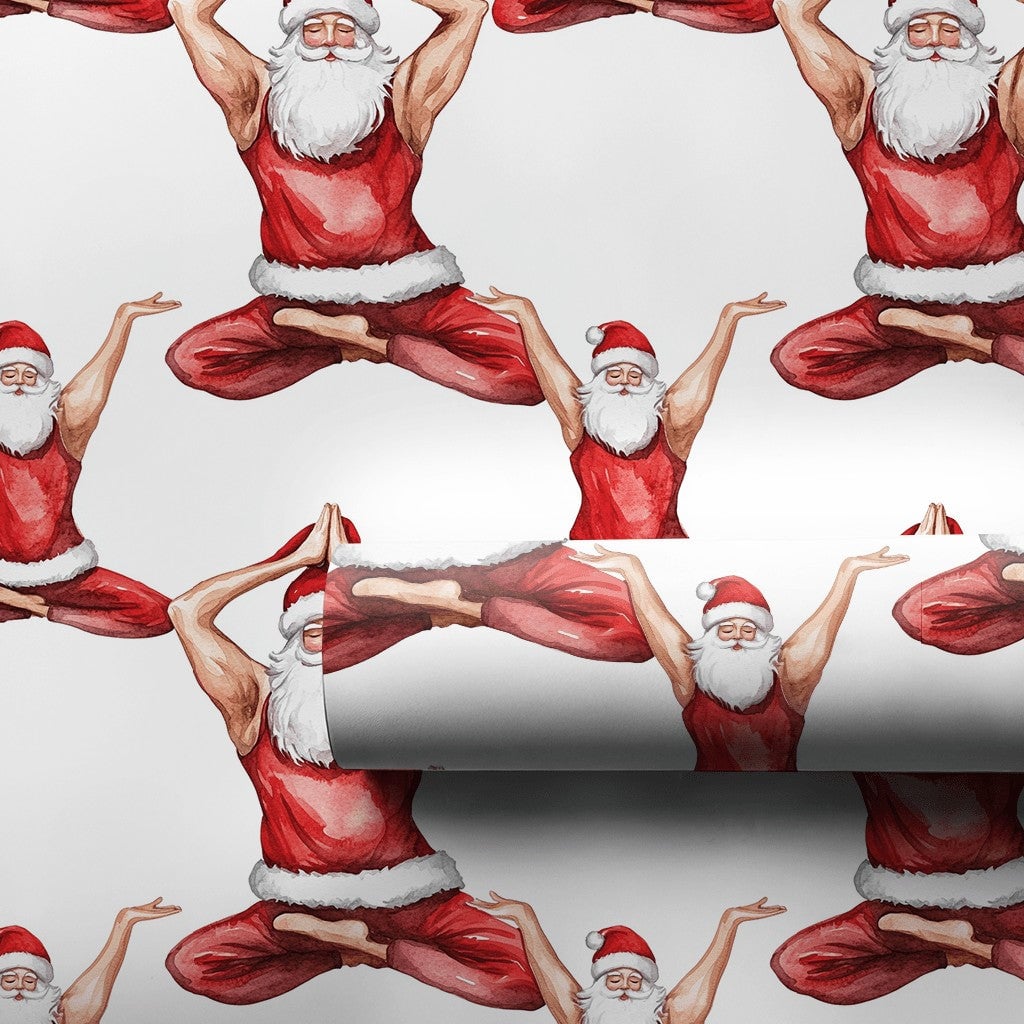 Fit Santa Christmas Wrapping Paper, Muscular Yoga Santa Wrapping Paper, Humorous Holiday Gift Wrap, Yogi Fitness Lover Gift W