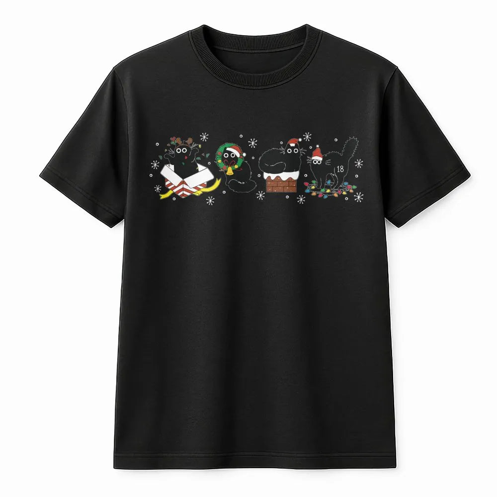 Humorous Kitty Holiday Pet Graphic Tee, Black Cat Santa Christmas T-Shirt, Adorable Spooky Xmas Cat Lover Shirt, Festive Anim