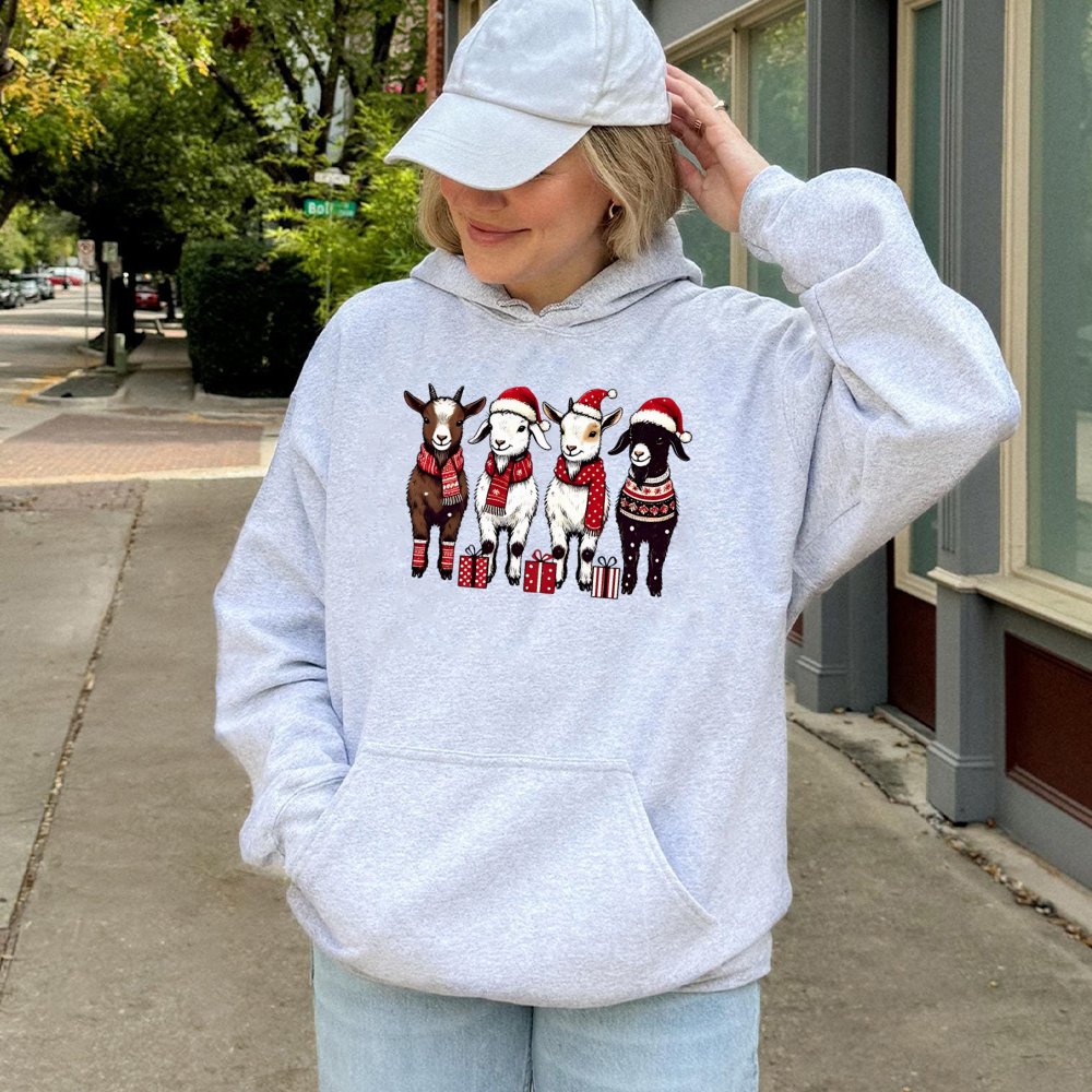 Adorable Farm Animal Holiday Sweatshirt, Humorous Christmas Goat Hoodie, Xmas Goat Hooded Sweater, Festive Winter Goat Pullov