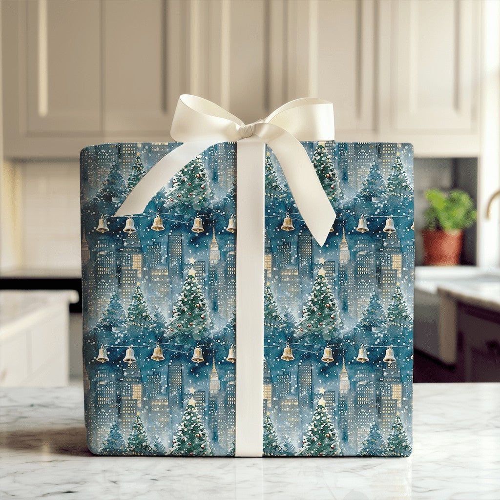 Snowy NYC Skyline Holiday Gift Wrap, New York City Christmas Wrapping Paper, Watercolor Cityscape Present Paper, Winter City 