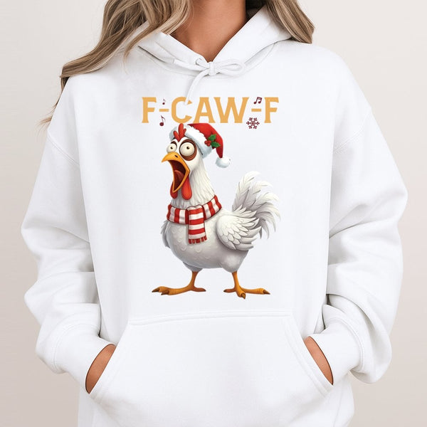 F-Caw-F Music Note Graphic Hoodie, Humorous Chicken Christmas Hoodie, Adorable Farm Animal Holiday Hoodie, Sarcastic Xmas Bir