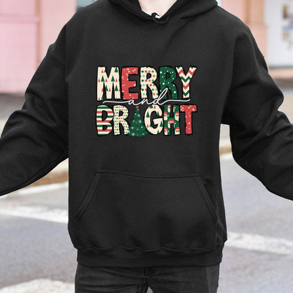 Festive Christmas Pattern Sweatshirt, Merry and Bright Hoodie, Holiday Season Graphic Pullover, Comfy Winter Xmas Present for