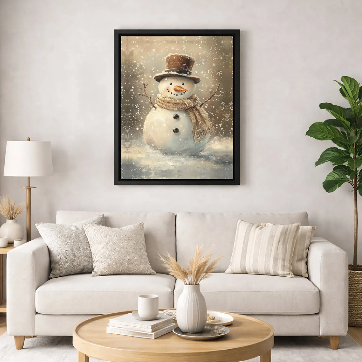 Winter Holiday Painting Canvas Print, Vintage Snowman Canvas Wall Art, Christmas Snowman with Top Hat Wall Decor, Rustic Holi