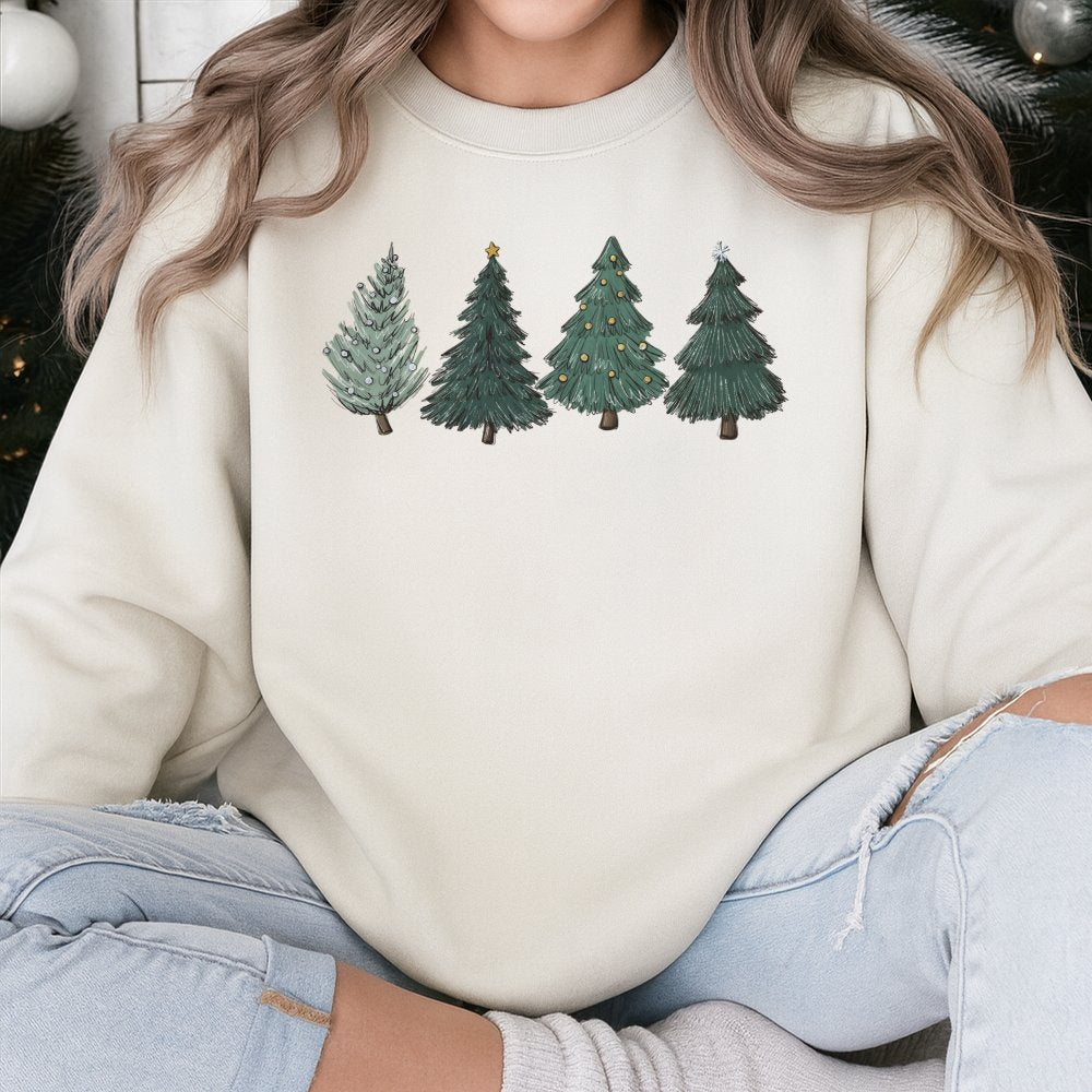 Hand Drawn Pine Tree Holiday Crewneck, Minimalist Christmas Tree Sweatshirt, Comfy Winter Forest Sweater, Neutral Xmas Graphi