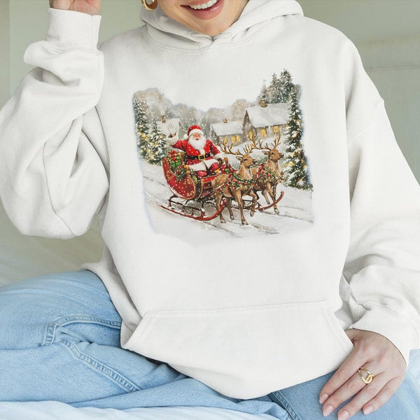 Nostalgic Christmas Winter Scene Sweatshirt, Vintage Santa Sleigh Hoodie, Retro Holiday Hooded Sweater, Comfy Unisex Xmas Pul