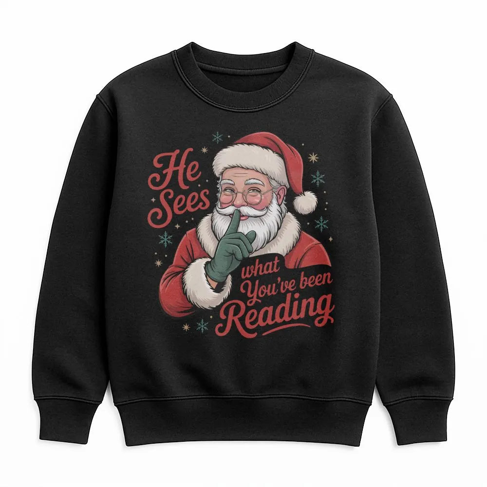 Humorous Bookish Santa Crewneck, He Sees What You've Been Reading Sweatshirt, Smut Reader Christmas Sweater, Booktok Romantas