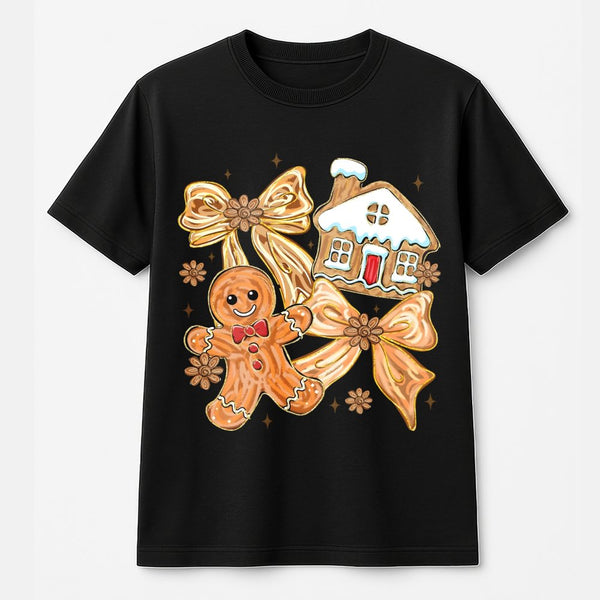 Coquette Christmas Bow Graphic Tee, Gingerbread Man T-Shirt, Adorable Pink Holiday Baking Shirt, Retro Xmas Aesthetic Present