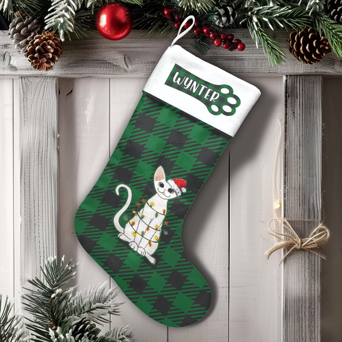 Buffalo Plaid Cat Stocking, Personalized Cat Christmas Stocking, Custom Name Pet Stocking, Holiday Decor Stocking, Pet Lover 
