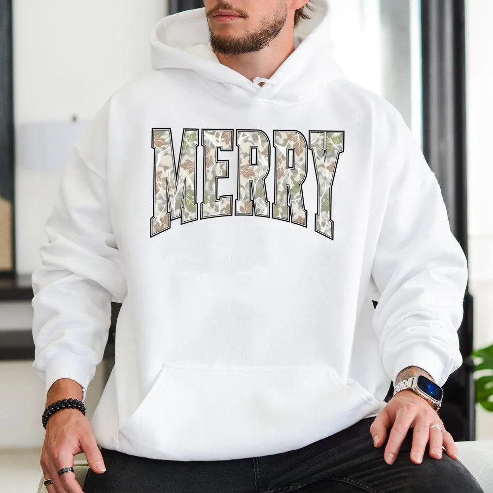 Varsity Letter Camo Hoodie, Merry Christmas Camo Hoodie, Camo Holiday Graphic Sweatshirt, Camouflage Christmas Pullover, Wint
