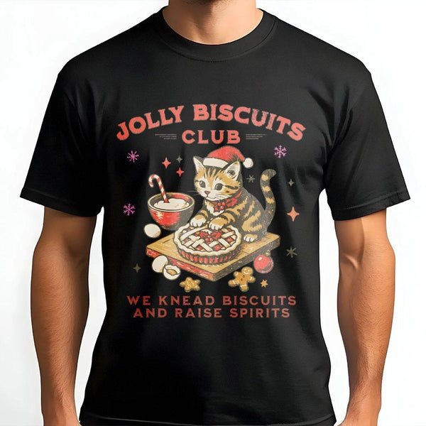 Vintage Cat Baker Graphic Tee, Jolly Biscuits Club Christmas Cat Baking T-Shirt, Adorable Holiday Cat Shirt, Baker Xmas T-Shi