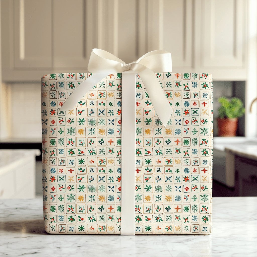 Snowflake and Holly Gift Wrap, Folk Art Christmas Wrapping Paper, Rustic Holiday Wrapping Paper, Traditional Winter Present G