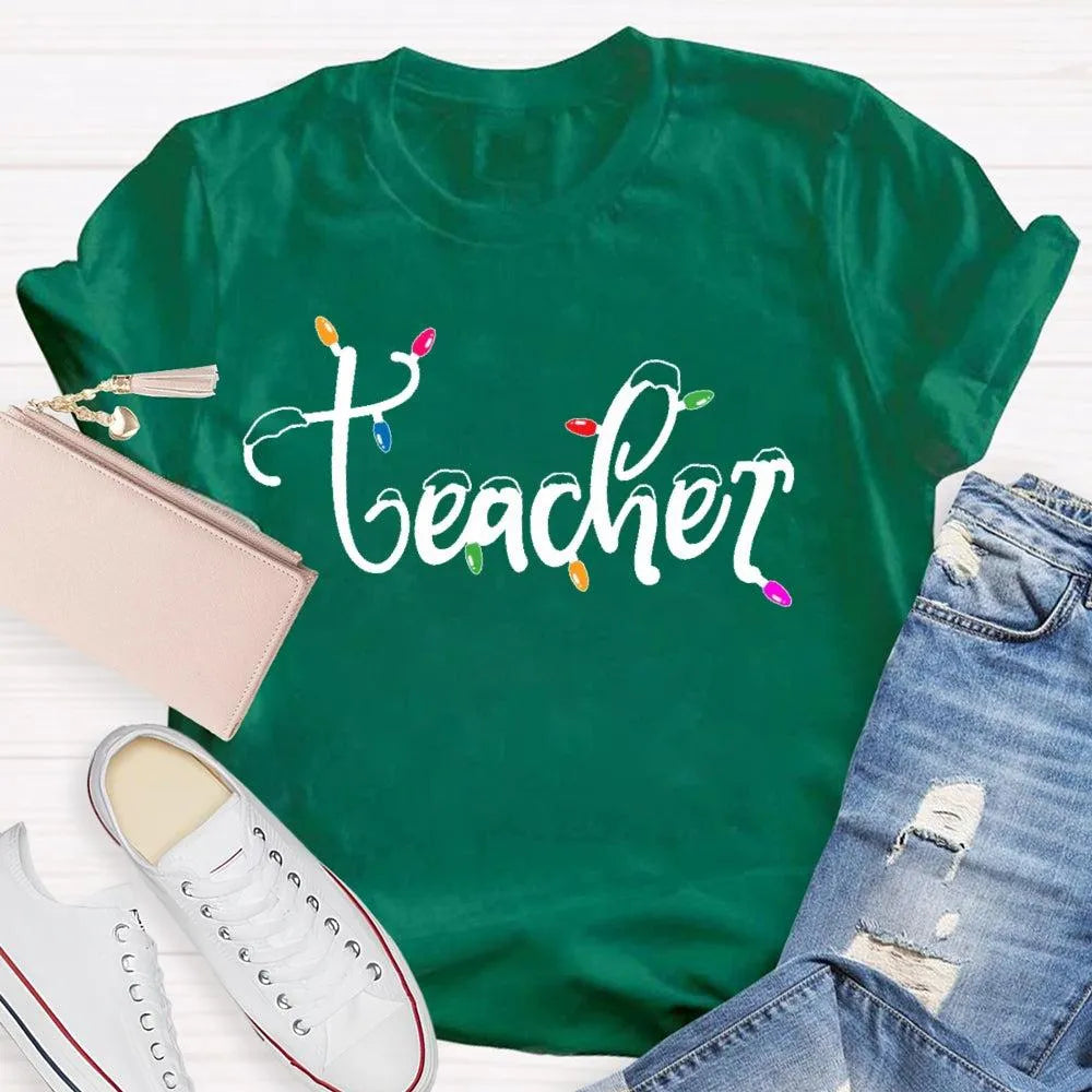 Adorable Holiday Educator Graphic Tee, Christmas Lights Snow Teacher T-Shirt, Festive Winter Teacher Shirt, Merry Christmas P