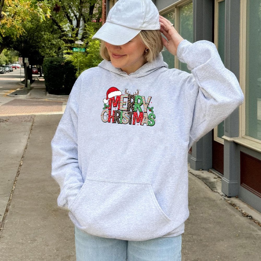 Holiday Reindeer Antler Sweatshirt, Leopard Reindeer Merry Christmas Hoodie, Festive Xmas Graphic Hoodie, Winter Holiday Pull