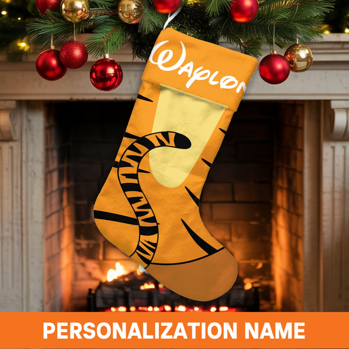 Custom Name Kids Holiday Stocking, Personalized Tiger Christmas Stocking, Velboa Animal Xmas Stocking, Fireplace Mantel Decor