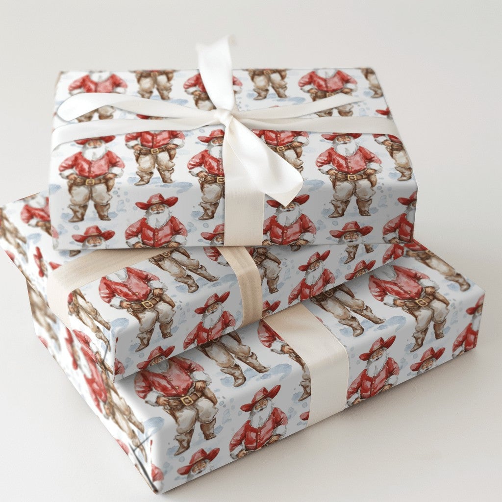 Wild West Watercolor Santa Gift Wrap, Cowboy Santa Christmas Wrapping Paper, Rustic Chaps Santa Wrapping Paper, Country Holid