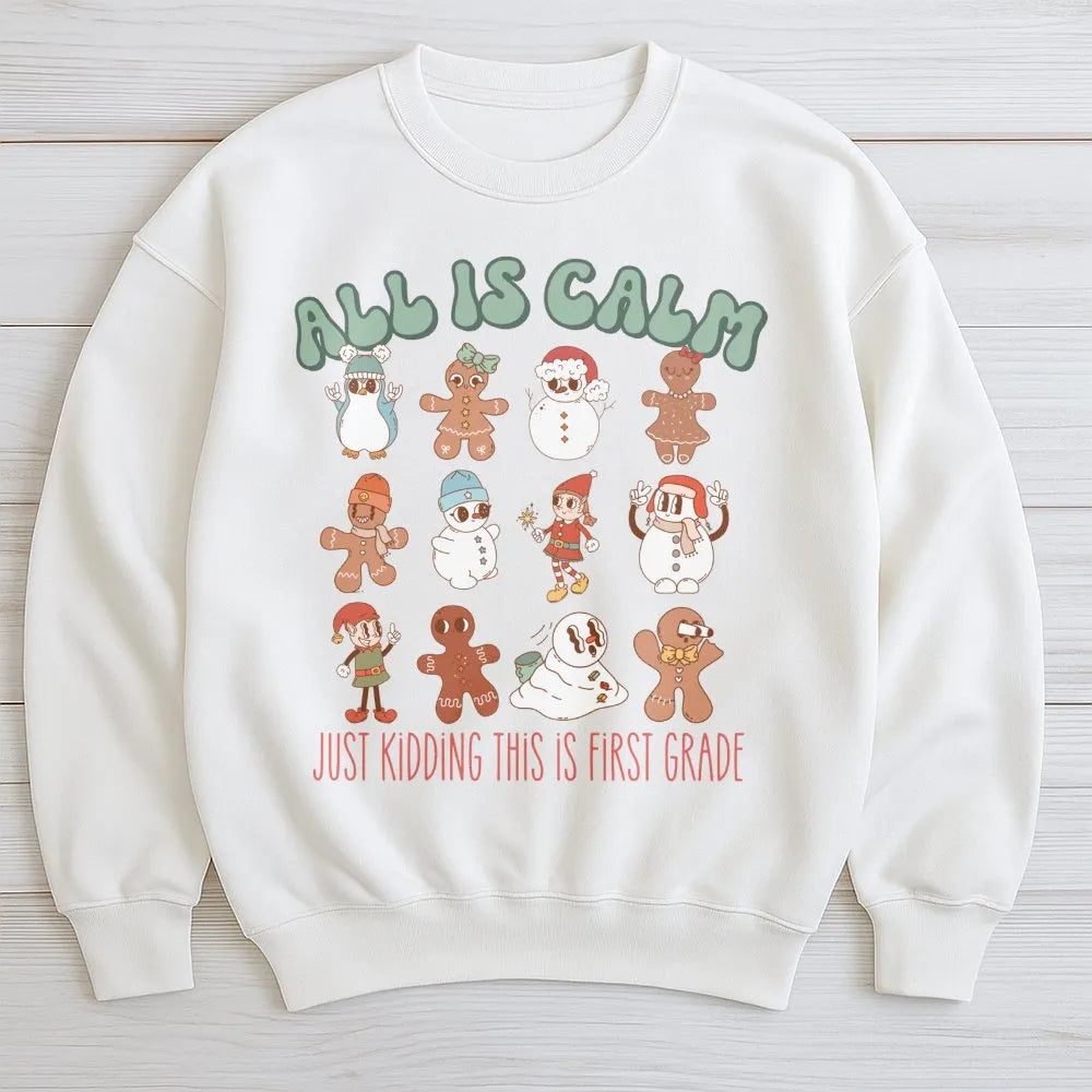 Retro Gingerbread Christmas Sweatshirt, First Grade Teacher Sweatshirt, School Staff Holiday Crewneck, 1st Grade Teacher Holi