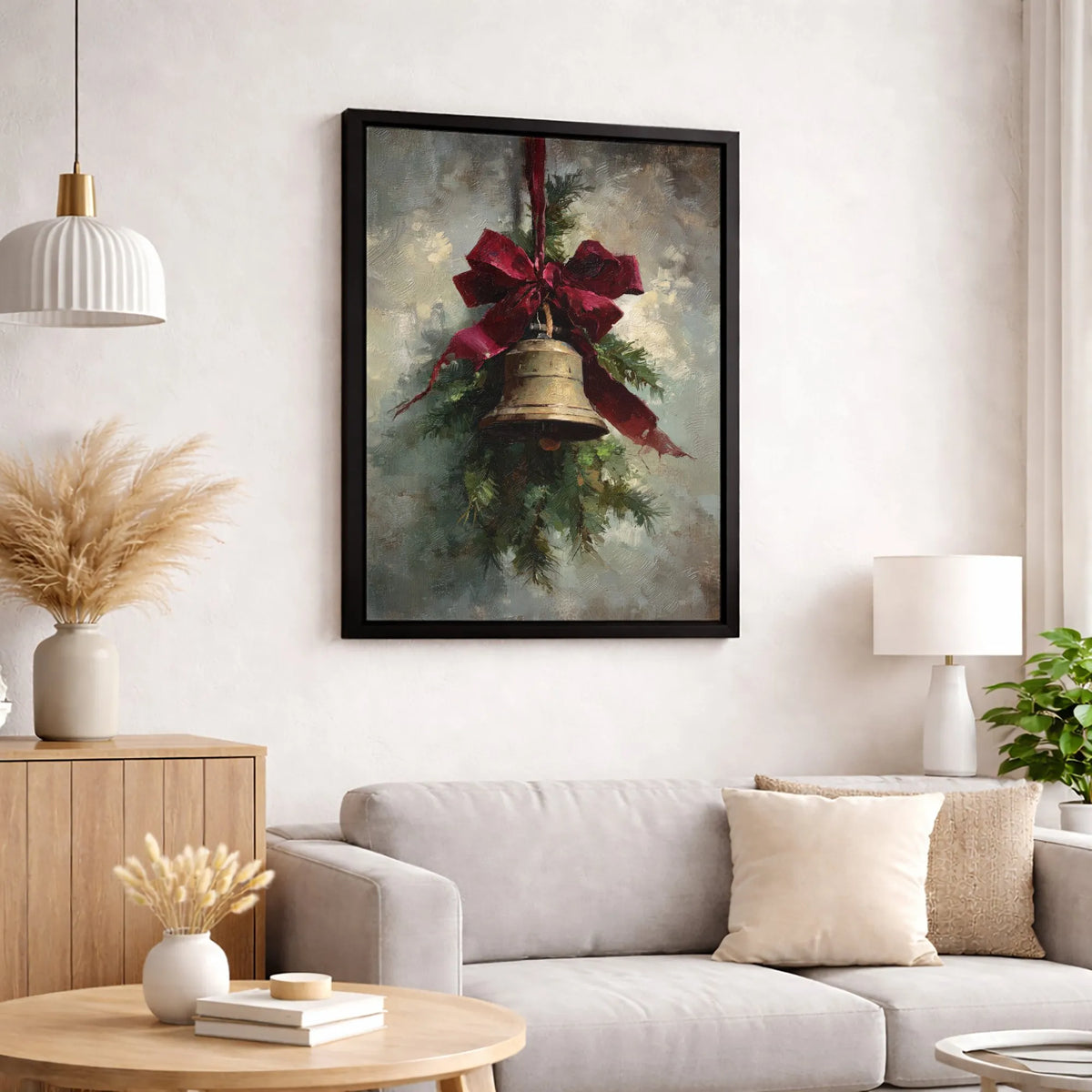 Pine Red Ribbon Canvas Wall Art, Christmas Bell Vintage Oil Painting Print, Rustic Holiday Canvas Decor, Xmas Present Digital