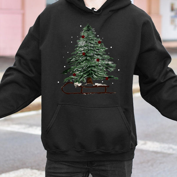 Watercolor Winter Sled Hoodie, Christmas Tree Hoodie, Holiday Sledding Pullover, Comfy Winter Christmas Hoodie, Merry Xmas Se