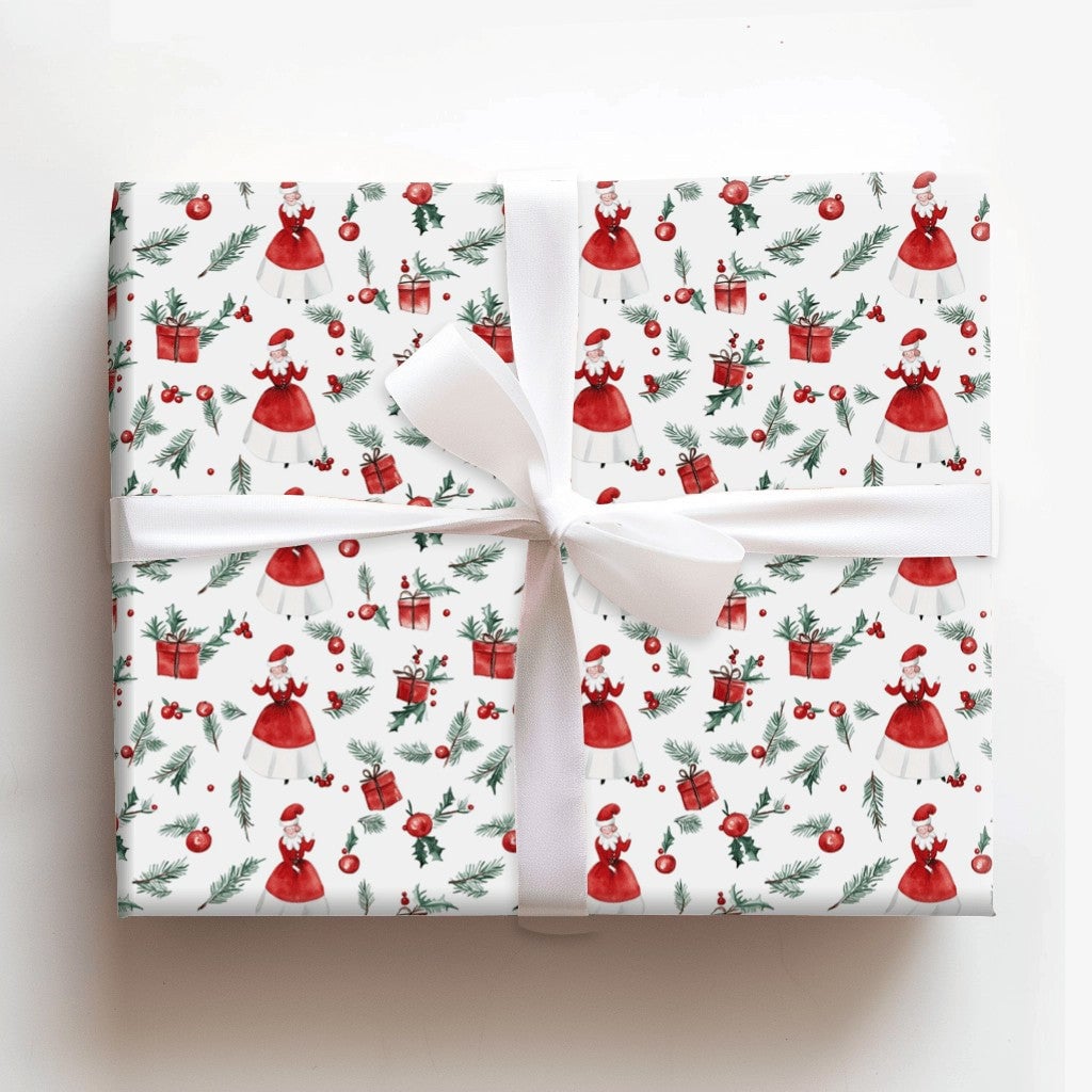 Vintage Christmas Gift Wrap, Mrs Claus Wrapping Paper, Watercolor Holiday Wrapping Paper, Retro Mrs Claus Gift Wrap, Xmas Pre