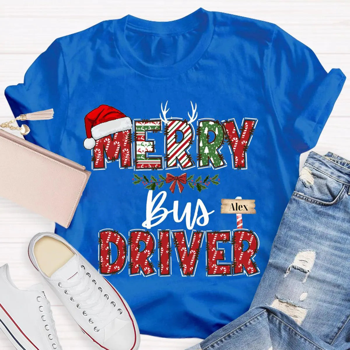 Custom Santa Hat Holiday Graphic Tee, Personalized Bus Driver Christmas T-Shirt, Merry Christmas Driver Shirt, Adorable Xmas 