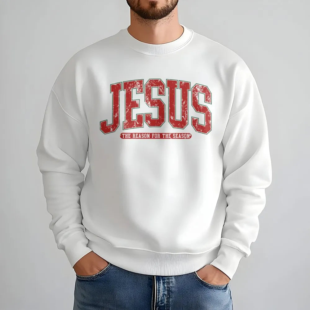 Christian Christmas Crewneck, Jesus Is the Reason for the Season Sweatshirt, Distressed Varsity Holiday Sweater, Faith Winter