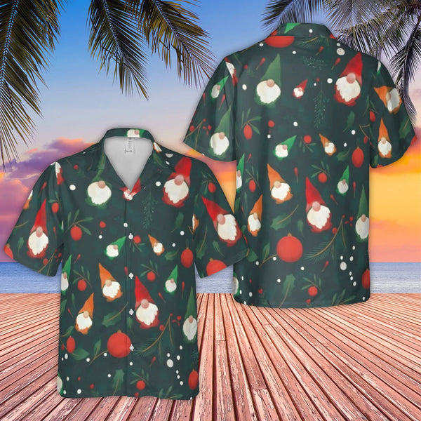 Festive Holiday Gnomes Button Up Shirt, Christmas Gnome Hawaiian Shirt, Ugly Xmas Party Summer Shirt, Tropical Winter Vacatio