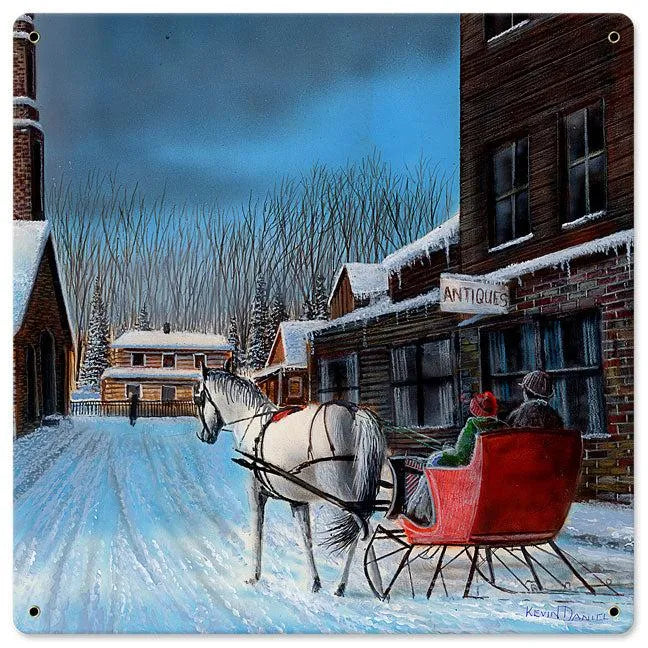 Vintage Christmas Sleigh Sign, Sleigh Ride in Town Metal Sign, Retro Snowy Winter Holiday Wall Art, Festive Farmhouse Decor, 