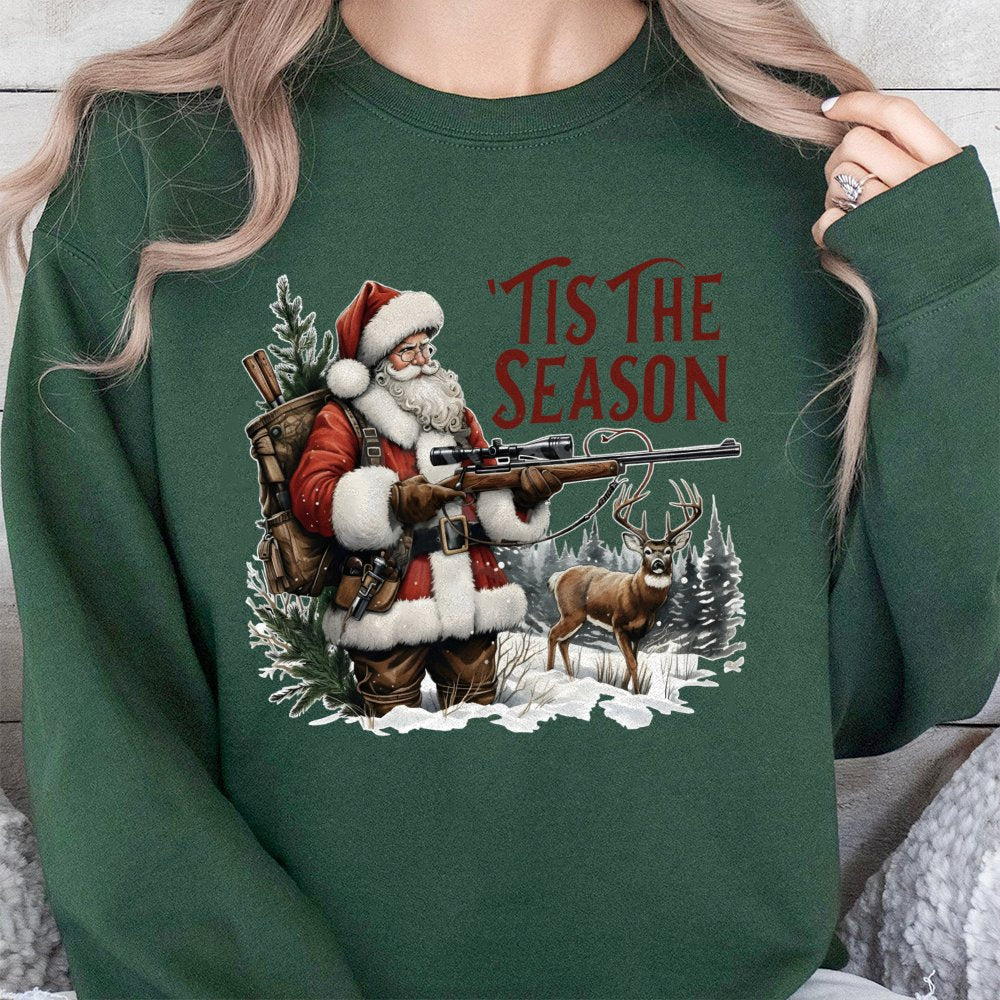 Deer Hunter Christmas Sweater, Tis the Season Santa Hunting Sweatshirt, Humorous Bow Hunting Crewneck, Outdoor Holiday Pullov