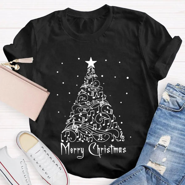 Sheet Music Holiday Tree T-Shirt, Music Teacher Christmas Shirt, Musical Notes Graphic Tee, Choir Director Christmas Present 