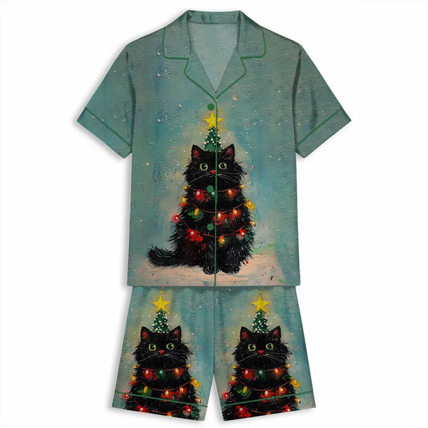 Holiday Cat Pajama Set, Black Cat Christmas Tree Satin Pajama Set, Short Sleeve Xmas Sleepwear, Festive Winter Loungewear, Ad