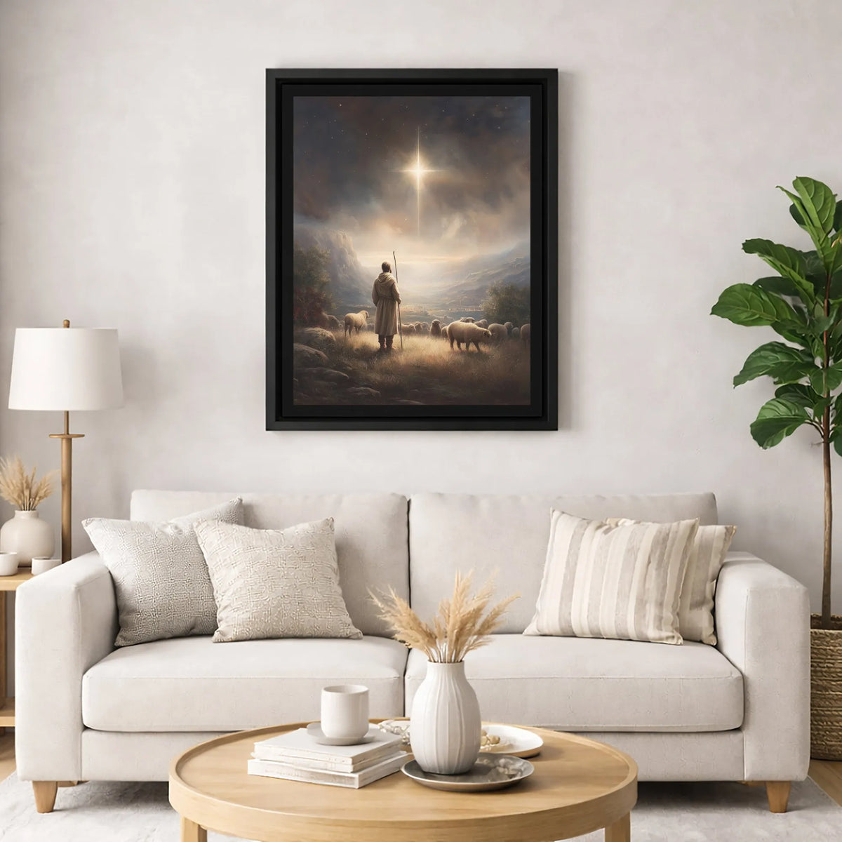 Holy Night Christian Canvas Wall Art, Nativity Shepherd Under Star of Bethlehem Canvas Print, Religious Christmas Manger Wall