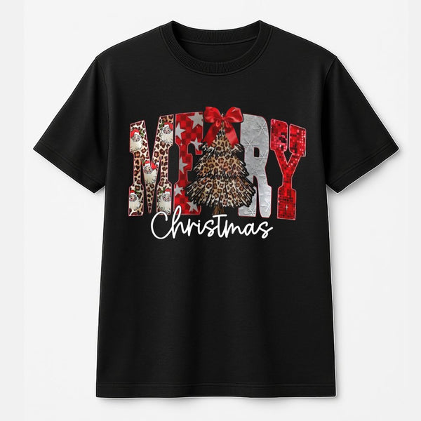 Leopard Print Santa Tree Shirt, Merry Christmas T-Shirt, Cheetah Pattern Xmas Graphic Tee, Holiday Winter T-Shirt, Festive Ch