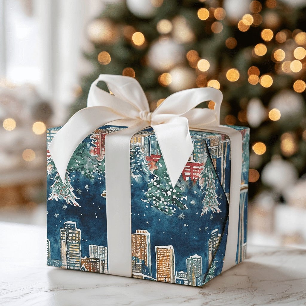 Space Needle Holiday Gift Wrap Roll, Seattle Skyline Christmas Wrapping Paper, Pacific Northwest Winter Wrapping Paper, City 