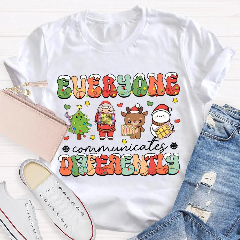 Festive Lights Neurodiversity Tee, Everyone Communicates Differently Christmas Shirt, SPED Teacher Holiday T-Shirt, ASL Xmas 