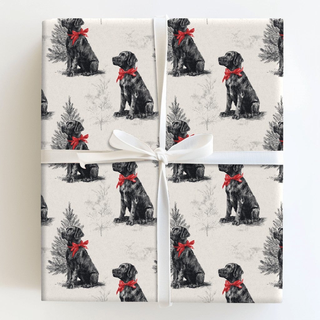 Vintage Dog Holiday Gift Wrap, Black Labrador Christmas Wrapping Paper, Retro Lab Pine Tree Wrapping Paper, Pet Lover Gift Wr