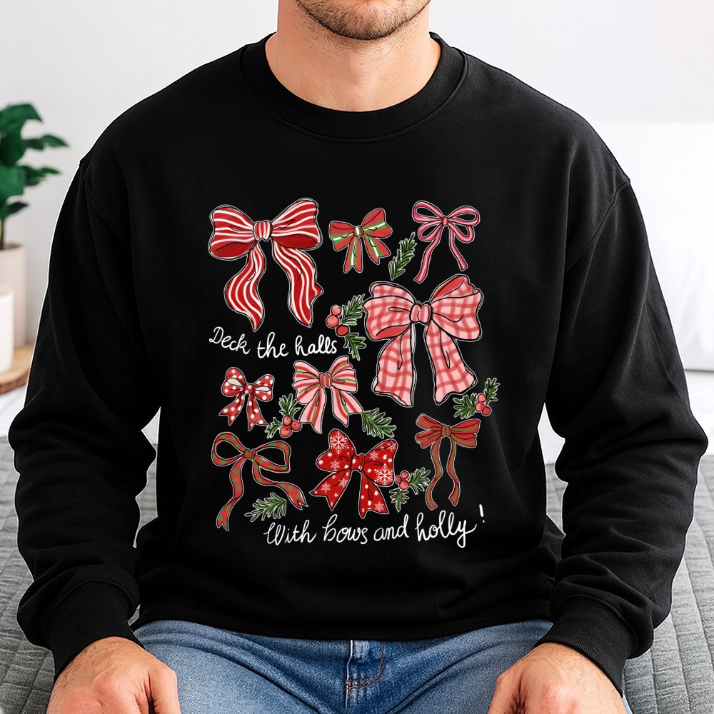 Deck the Halls Sweatshirt, Christmas Bows Sweatshirt, Coquette Holiday Bow Sweatshirt, Retro Winter Graphic Sweater, Christma
