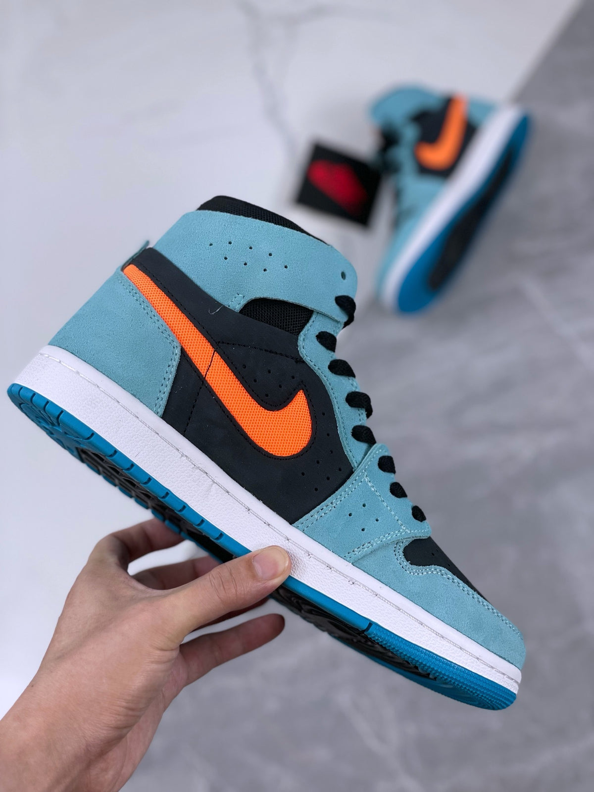 High Top Sneakers, Blue Orange Colorway, Lace Up Design, Casual Gift for Sneaker Fans