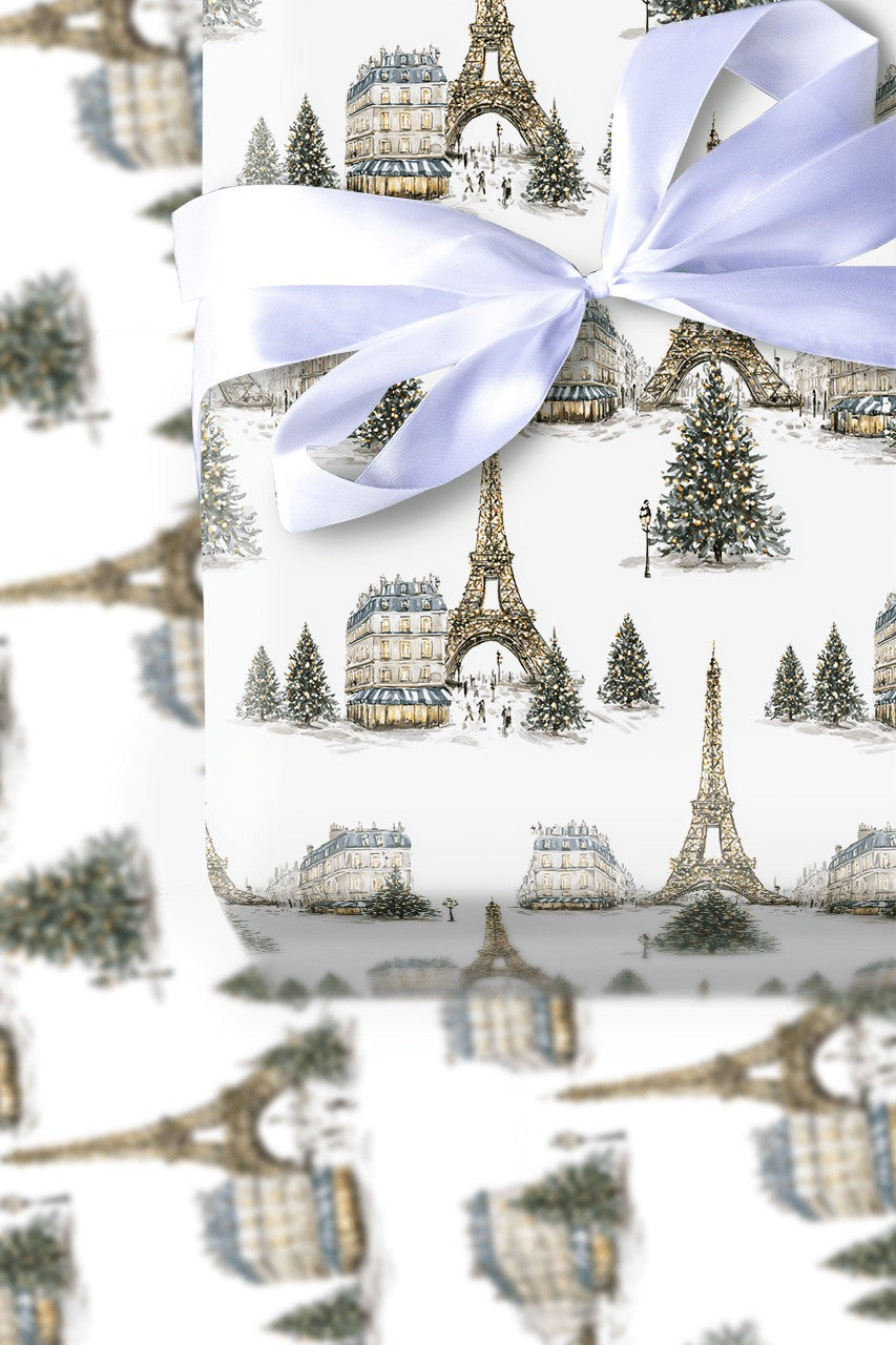 Snowy Eiffel Tower Gift Wrap, Paris Christmas Wrapping Paper, French Cityscape Holiday Wrapping Paper, Francophile Gift Wrapp