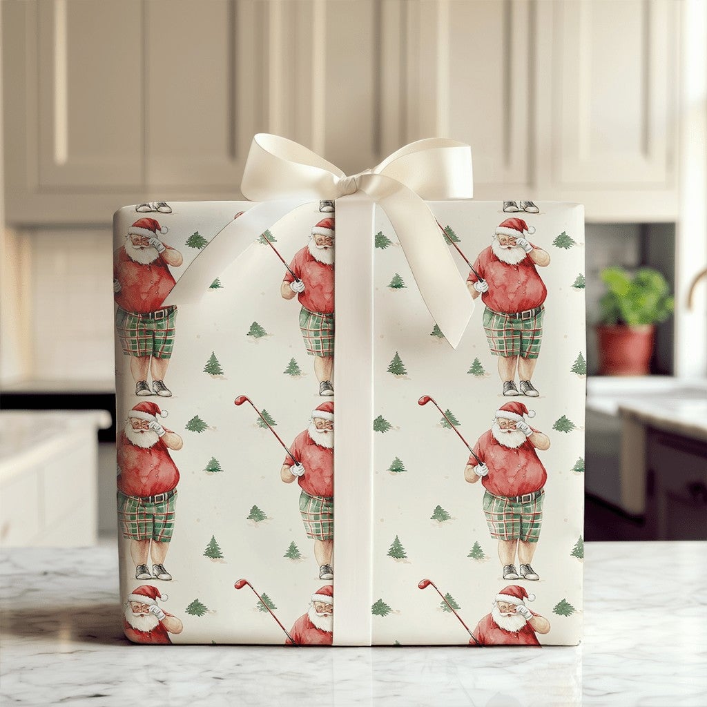Humorous Christmas Golf Gift Wrap, Golfing Santa Wrapping Paper, Golfer Holiday Wrapping Paper, Plaid Shorts Santa Christmas 