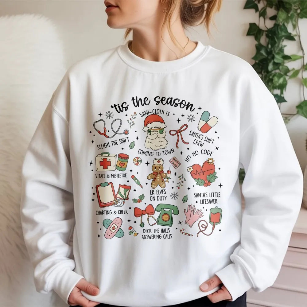 Medical Holiday Doodle Sweatshirt, Nurse Christmas Sweatshirt, Healthcare Worker Xmas Crewneck, Adorable Nursing Winter Graph
