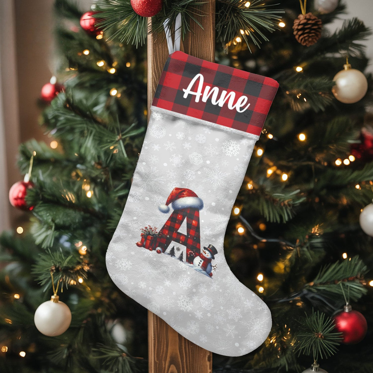 Buffalo Plaid Monogram Stocking, Personalized Letter A Christmas Stocking, Custom Name Holiday Stocking, Rustic Family Christ