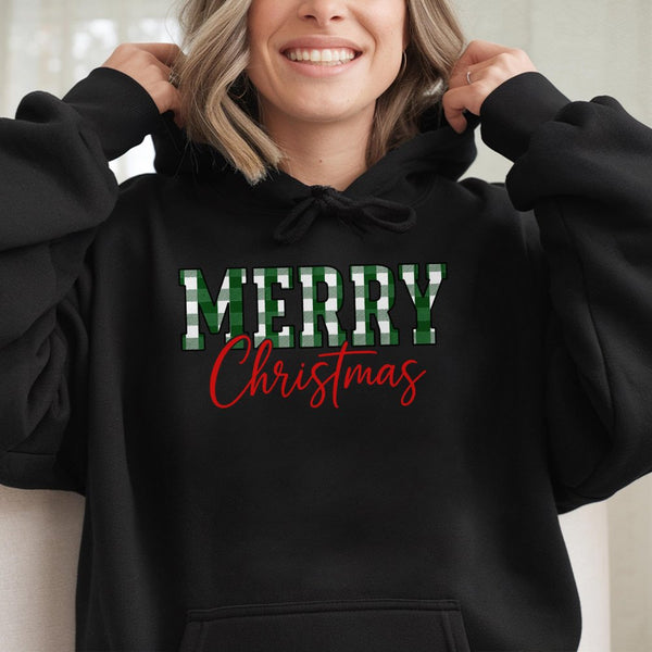 Green Buffalo Plaid Christmas Hoodie, Merry Christmas Hoodie, Festive Xmas Tree Pullover Sweatshirt, Holiday Graphic Hoodie P