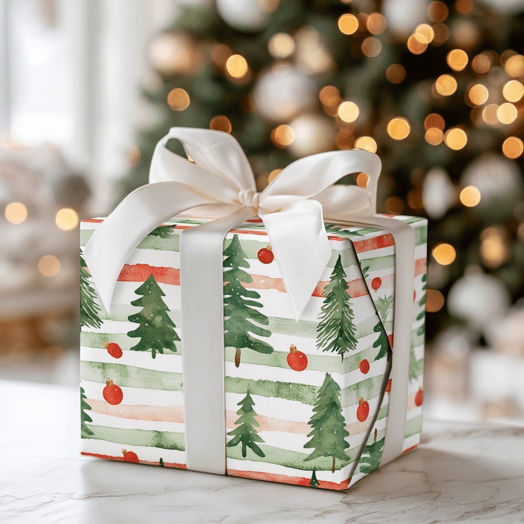 Striped Pine Tree Gift Wrap, Watercolor Christmas Tree Wrapping Paper, Red Green Holiday Wrapping Paper, Festive Winter Prese