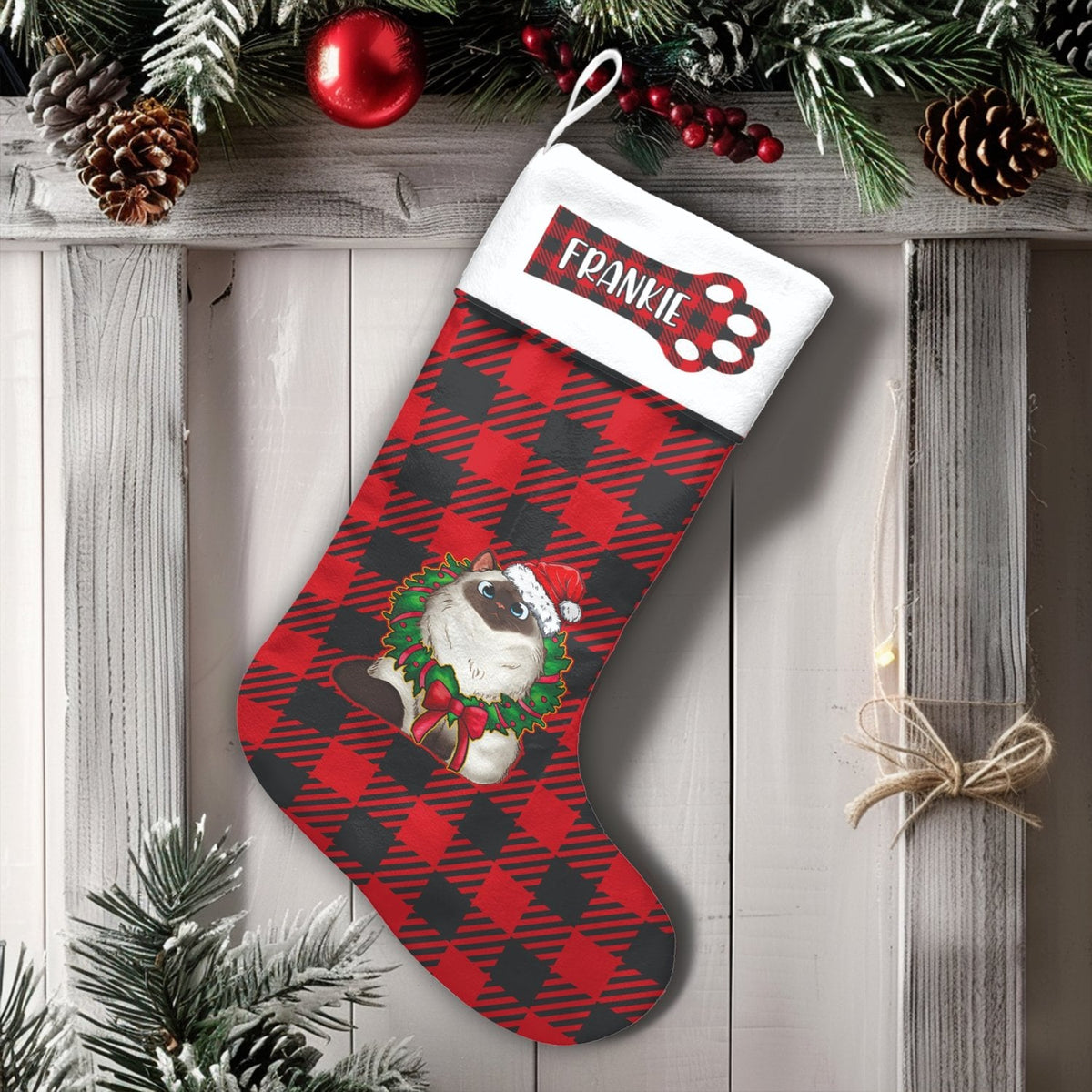 Red Buffalo Plaid Cat Stocking, Personalized Siamese Cat Christmas Stocking, Custom Pet Holiday Stocking, Velboa Mantle Decor