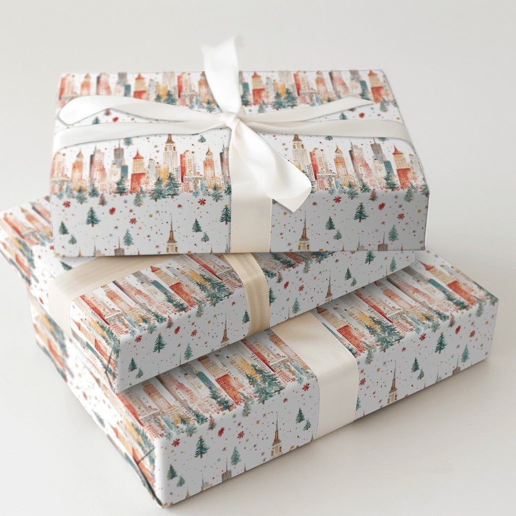 New York Holiday Gift Wrap, NYC Skyline Christmas Wrapping Paper, Watercolor Cityscape Wrapping Paper, Festive Winter Present